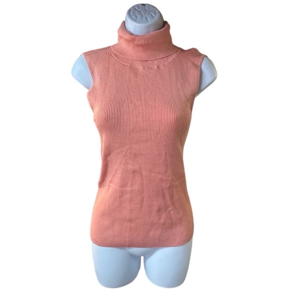 Cache Silk Blend Ribbed Mock Neck Tank L Peach Pink Stretch Knit